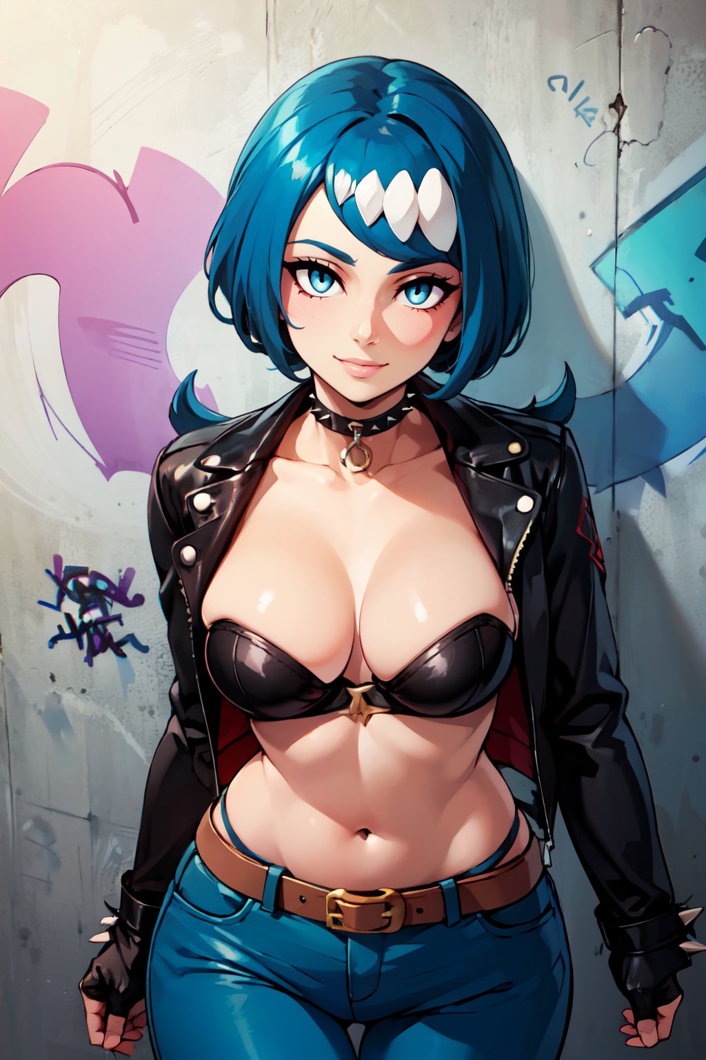 ((masterpiece,best quality)), absurdres,  BREAK,, <lora:Lanas_Mother_Pokemon:0.8>, zzLanasMother, blue hair, blue eyes, long hair, large breasts, hair ornament, , BREAK, leather jacket, leather pants, strapless bra, black jacket, tight pants, black choker, zipper, fingerless gloves, biker clothes, spikes, unzipped, multiple belts, shiny clothes, high collar, (graffiti:1.2), brick wall,, BREAK, solo, smile, looking at viewer, cowboy shot,