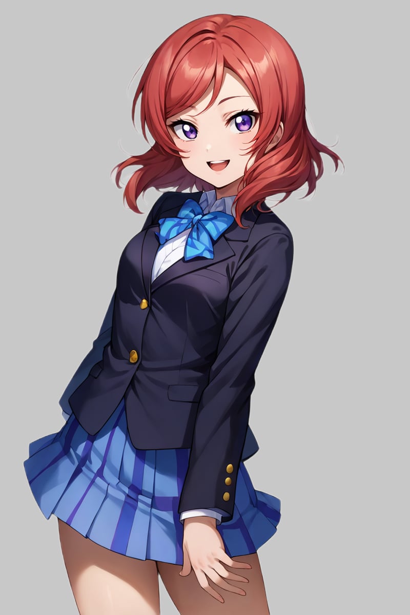 score_9, score_8_up, score_7_up, source_anime BREAK 1girl, solo, lovelive_maki, cowboy shot, school uniform, blue plaid skirt, black blazer, blue bowtie, red hair, swept bangs, medium hair, purple eyes, tsurime, looking at you, smile, open mouth, simple background <lora:lovelive_maki:1>