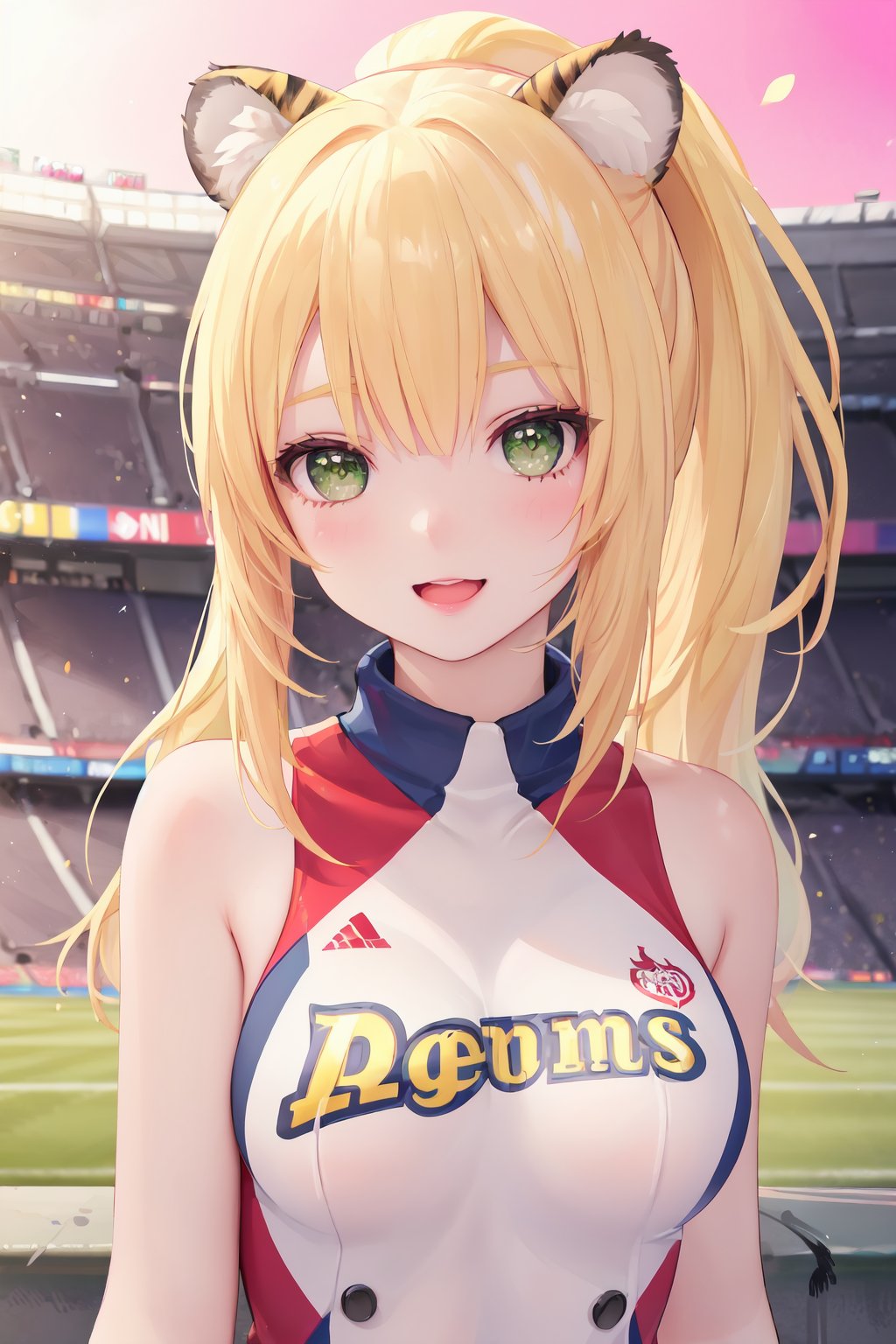 (girl): solo, (perfect face), (detailed outfit), ((portrait)), (tiger ears), happy, cheering, blonde hair, long hair, ponytail, green eyes, light skin, medium breasts, cheerleader uniform, pom-poms, whistle, sneakers, pink lipstick (background): outdoor, stadium, football field, goal post, bleachers, scoreboard, afternoon, sunny (effects): (masterpiece), (best quality), (sharp focus), (depth of field), (high res), more_details:-1, more_details:0, more_details:0.5, more_details:1, more_details:1.5, glowify, more prism, vibrant color