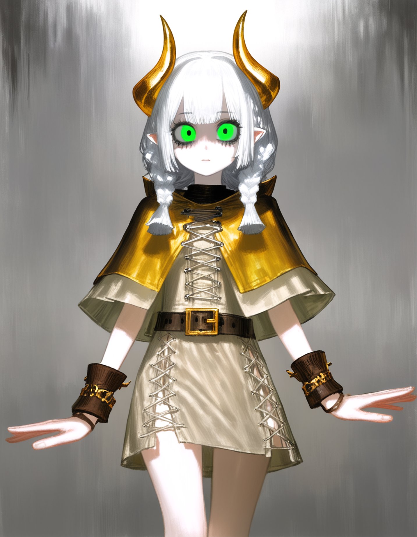 by (quasarcake:1.2), (by jun_\(navigavi\):0.8), (by reoen:1.1), by rsef, by neg_\(101neg\), 1girl, solo, looking at viewer, green eyes, hollow eyes, gold horns, medium hair, white hair, twin front braids, brown wristband, tight shirt, black shirt, capelet, beige dress, brown belt, sleeveless, layered clothing, cross-laced slit, cross-laced sandals