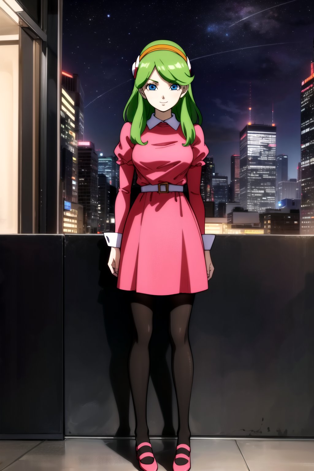 masterpiece, detailed face, 1girl, Brianne_de_Chateau, solo, long hair, looking at viewer, smile, bangs, blue eyes, hairband, green hair, dress, closed mouth, standing, pantyhose, outdoors, sky, puffy sleeves, belt, black pantyhose, night, juliet sleeves, building, star \(sky\), pink dress, night sky, starry sky, city, retro artstyle, cityscape, skyscraper<lora:Brianne de Chateau v2-000007:0.7>