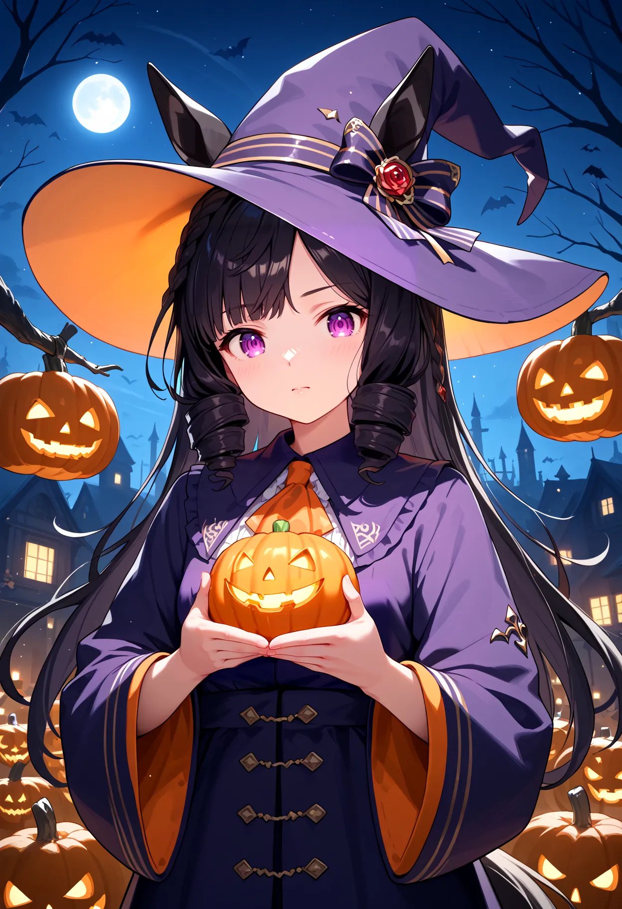 score_9, score_8_up, score_7_up, BREAK, best quality, masterpiece, very aesthetic, ultra detailed,very detailed background,BREAK,,zPDXL3,Daiichi_R, 1girl, solo, horse ears, horse tail, long hair, black hair, purple eyes,halloween,halloween Costumes,witch,robe,witch hat,<lyco:D_Ruby-ponyXL_locon-000013:0.8>