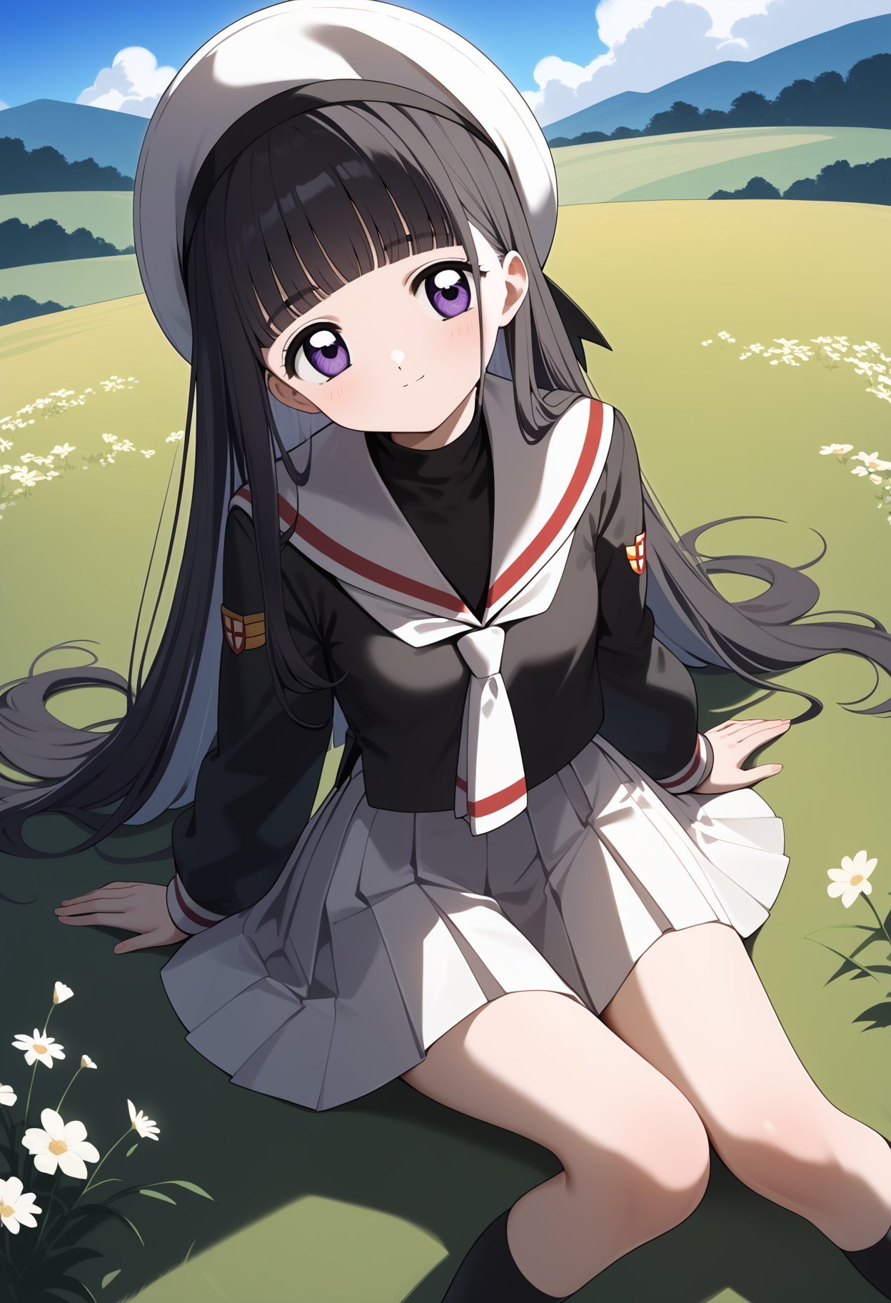 score_9, score_8_up, score_7_up, score_6_up, score_5_up, score_4_up, source_anime, aatomoyo, long hair, black hair, beret, white headwear, blunt bangs, purple eyes, small breasts, serafuku, white sailor collar, white neckerchief, black shirt, long sleeves, pleated skirt, white skirt <lora:daidouji_tomoyo_ponxl_v1:0.9>, field, on floor, sitting, socks, mary janes, 