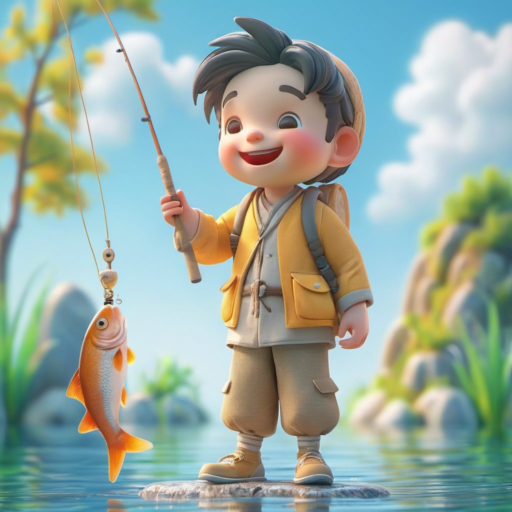 fishing rod,1boy,fish,male focus,outdoors,smile,holding,open mouth,day,solo,fishing,pants,blurry,water,short hair,rock,fruit,standing,blurry background,brown footwear,sky,jacket,tree,:d,long sleeves,blush,hairband,food,fishing line,GCDY 