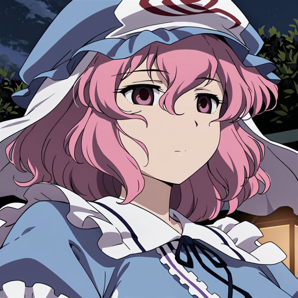 masterpiece, best quality, <lora:tgm-xl-a3.1:1>, 1girl, saigyouji yuyuko, solo, hat, pink hair, triangular headpiece, pink eyes, tree, mob cap, short hair, hair between eyes, expressionless, japanese clothes, night, parody, blue headwear, frills, outdoors, upper body, sky, closed mouth, portrait, veil