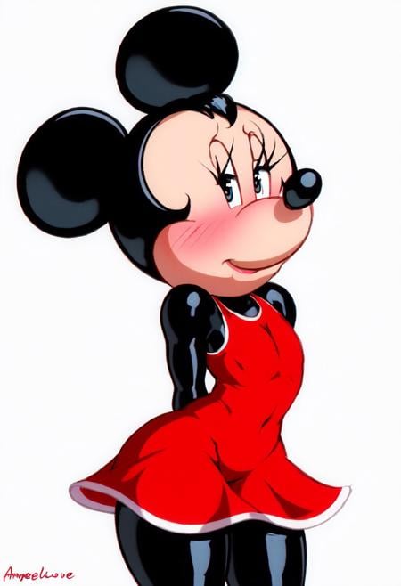 score_9, score_8_up, score_7_up, female solo, vibrant colors, expressionist coloring, furry, minnie mouse, (by angelauxes), flat chested, red dress, sleeveless dress, standing, two tone shading, athletic body, blush, face focus, looking at viewer, one eyebrown up, simple background, white background