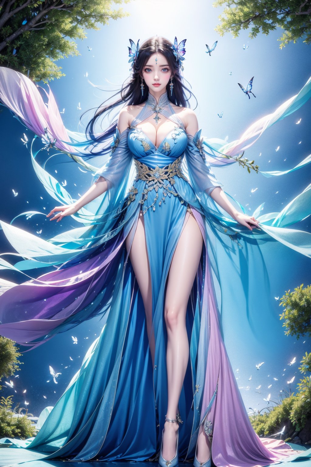 <lora:AgainRealistic_v2.0:1>,AgainRealistic_v2.0, 1girl, solo, long hair, dress, forehead mark, butterfly, facial mark, bug, jewelry, hair ornament, full body, earrings, bare legs, night, white dress, high heels, breasts, white footwear, bare shoulders, black hair, detached sleeves, closed mouth, blue dress, looking at viewer, large breasts, clothing cutout, sky, cleavage, blue eyes, tree, butterfly hair ornament, sash, brown hair, blue butterfly, cleavage cutout