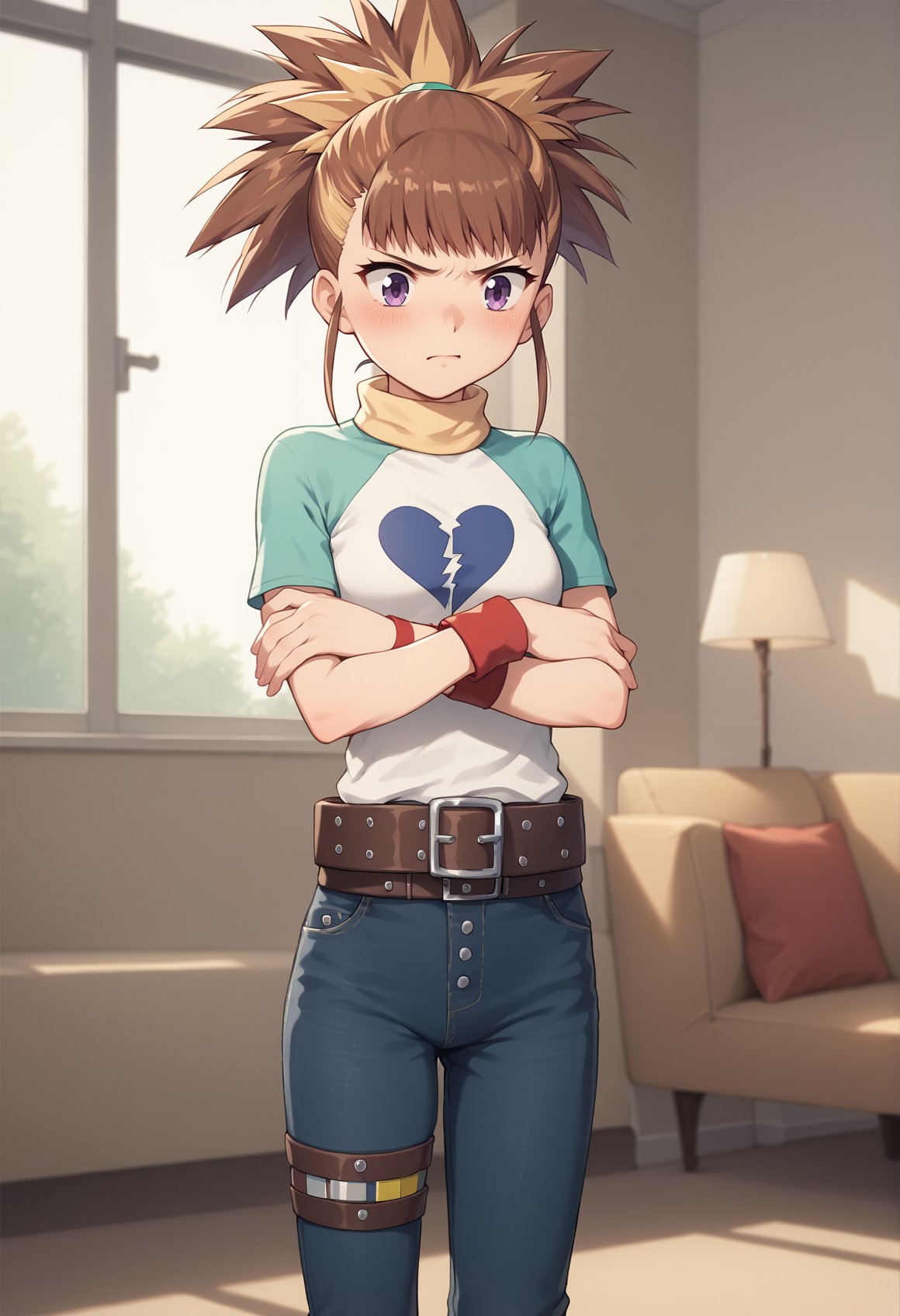 1girl, solo, rika, Two-Tone Hair, multicolored hair, medium hair, blonde hair, brown hair, purple eyes, ponytail, wristband, Two-Tone Shirt, t-shirt, heart print, turtleneck, belt, jeans, Thigh Strap, red footwear, crossed arms, blushing, tsundere, indoors, living room, cowboy shot  <lora:RukiJuri:1>, score_9, score_8_up, score_7_up, score_6_up, score_5_up, score_4_up, BREAK source_anime, masterpiece