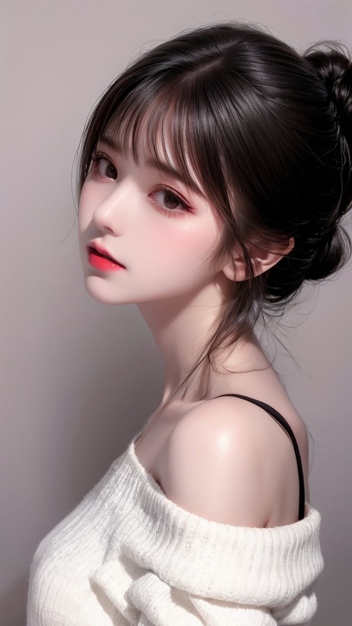 1girl,solo,twintails,looking at viewer,off shoulder,realistic,parted lips,bare shoulders,long hair,upper body,black background,breasts,simple background,collarbone,white hair,off-shoulder shirt,lips,red lips,bangs,grey eyes,shirt,nose,eyelashes,makeup,off-shoulder dress,