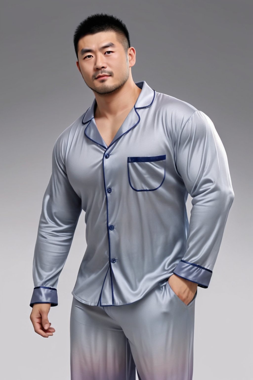 zhuangxiong,male focus,bara,Pajamas,open the clothes,pectorals,gray gradient background,