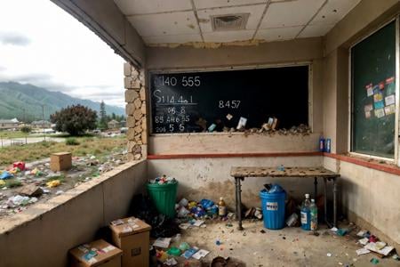 RAW photo,subject,8k uhd,dslr,soft lighting,high quality,film grain,Fujifilm XT3,,,ruanyi0056,book,book stack,bottle,box,broken,broken glass,broken window,bucket,building,cardboard box,chair,chalkboard,classroom,curtains,debris,desk,door,glass,grass,indoors,industrial pipe,messy room,pillar,rock,rubble,ruins,school,school desk,shelf,stone wall,stool,table,trash can,wall,water,window,dirty,condom wrapper,used condom,multiple condoms,reflection,dirt,dust,no humans,<lora:detail_slider_v4:1>,<lora:0056 abandoned school_v2:1>