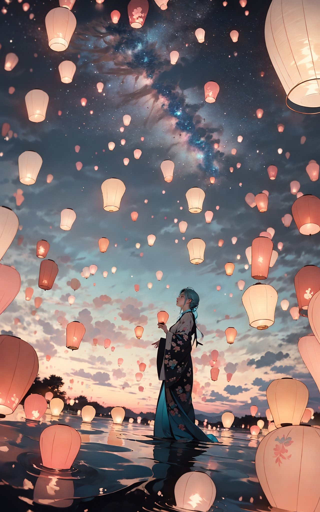 sky lantern，masterpiece, best quality, 32k uhd, insane details, intricate details, hyperdetailed, hyper quality, high detail, ultra detailed, Masterpiece, (Real water，Realistic water，flowing water:1.1)，ripples，(cyan sky:1.4),A whimsical sight of paper lanterns floating against the twilight sky, captured in a wide view by Tim Walker.    The lanterns cast a warm glow, creating a dreamlike tableau that melds tradition with beauty, i can't believe how beautiful this is, dream-like atmosphere，<lora:绪儿-孔明灯 sky lantern:0.8>