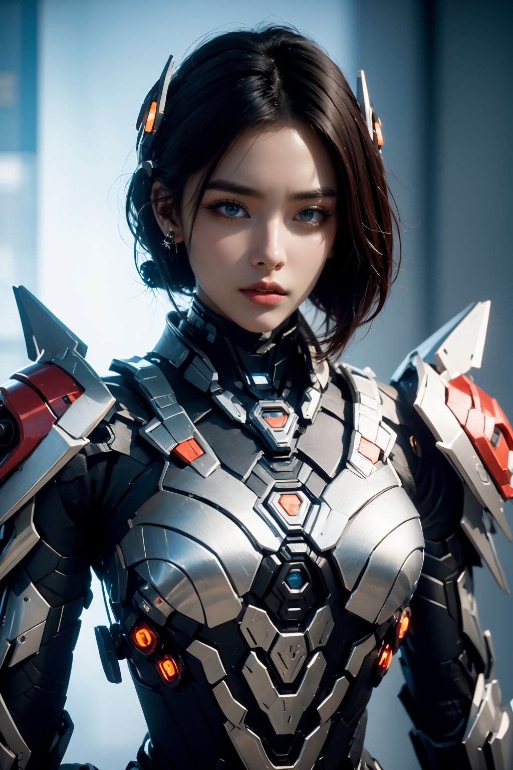 <lora:AgainRealistic_v2.0:1>,AgainRealistic_v2.0, 1girl, solo, blue eyes, looking at viewer, lips, brown hair, upper body, nose, parted lips, earrings, armor, realistic, makeup, science fiction, jewelry, power armor, bodysuit, headgear, red lips, short hair, cyborg, black hair, breasts, lipstick, cyberpunk, eyelashes, long hair