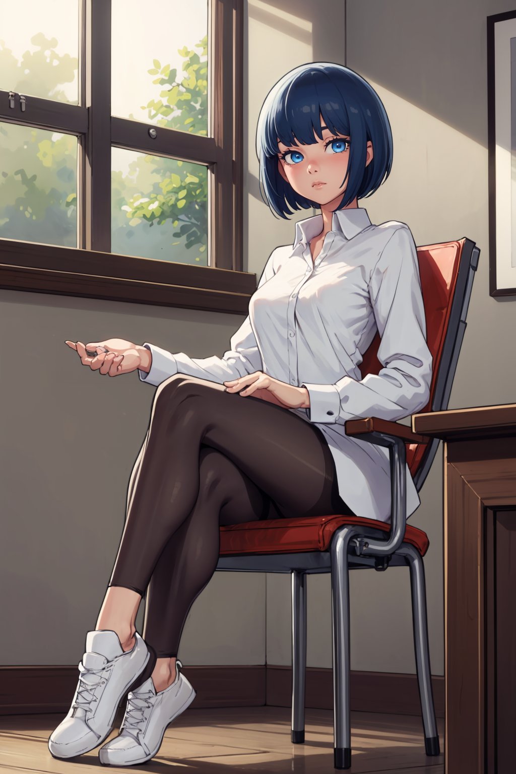 (masterpiece, best quality:1.2),  <lora:bbcchan:.95>, bbcchan, 1girl, solo, crossed legs, sitting, pantyhose, short hair, looking at viewer, holding, indoors, white footwear, window, white pantyhose, breasts, bangs, chair, blue eyes, closed mouth, intravenous drip, shirt, white shirt, blue hair, long sleeves