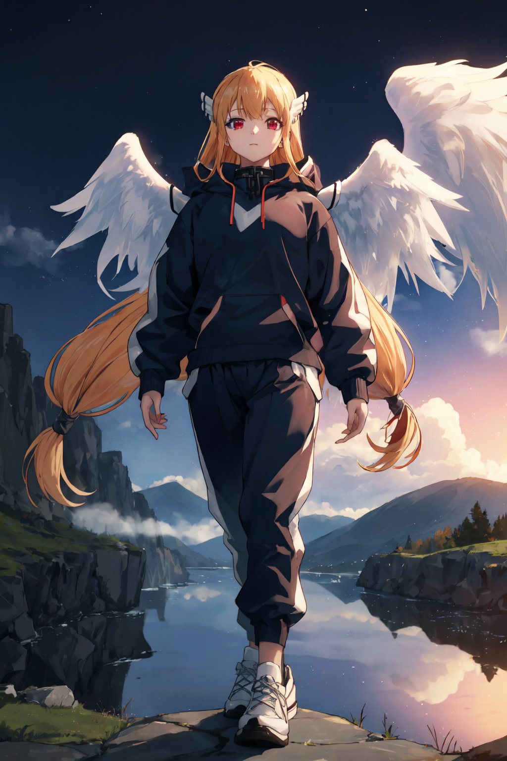 <lora:Astraea-000009:0.8>,Astraea CYQL,1girl,looking at viewer,solo,blonde hair,long hair,very long hair,low-tied long hair,red eyes,collar,chain,breasts,wings,angel wings,head wings,Hooded Aran sweater with joggers and chunky sneakers,yandere,upper_body,Nested within the silent embrace of a volcano, a jade-green lake rests, encircled by steep cliffs shrouded in mist. It resembles a mystical eye of the earth,beautiful detailed sky,beautiful detailed glow,posing in front of a colorful and dynamic background,masterpiece,best quality,beautiful and aesthetic,contrapposto,female focus,wallpaper,