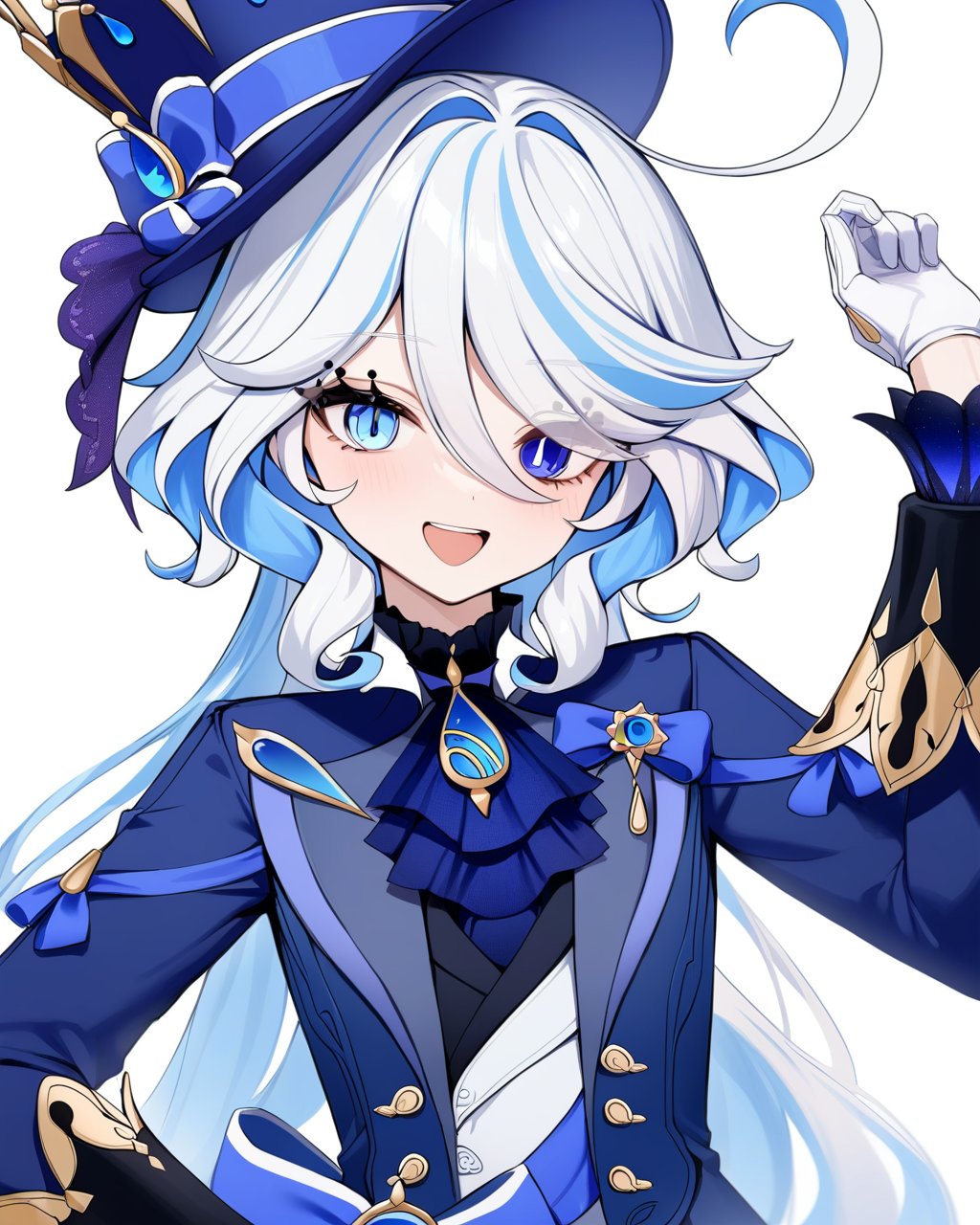 masterpiece,best quality,<lora:furina:1>,1girl, furina \(genshin impact\), genshin impact, cowlick, top hat, blue jacket, blue ascot, blue brooch, kodona, simple background, open mouth, blue headwear, streaked hair, upper teeth only, solo, long hair, light blue hair, white background, smile, white hair, ahoge, mismatched gloves, white gloves, long sleeves, hair between eyes, blue gemstone,