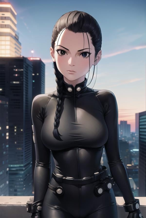 seisakuraoka, <lora:sei sakuraoka manga-lora-nochekaiser:1>,sei sakuraoka, braid, black hair, (black eyes:1.5), single braid,BREAK bodysuit, black bodysuitBREAK outdoors, city, night, sky, starry sky, moon,BREAK looking at viewer, (cowboy shot:1.5),BREAK <lyco:GoodHands-beta2:1>, (masterpiece:1.2), best quality, high resolution, unity 8k wallpaper, (illustration:0.8), (beautiful detailed eyes:1.6), extremely detailed face, perfect lighting, extremely detailed CG, (perfect hands, perfect anatomy),