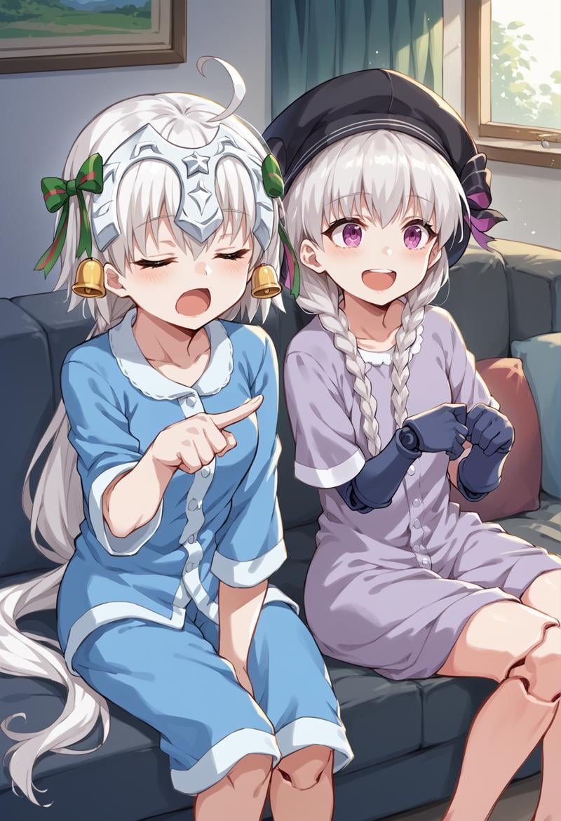 2girls, pajamas, sitting, couch, talking, indoors, living room, 1girl, ahoge, white hair, long hair, low ponytail, yellow eyes, tiara, hair ornament, bell, hair ribbon, pointing up, closed eyes, open mouth <lora:santa_lily:1>BREAK2girls, pajamas, sitting, couch, talking, indoors, living room, 1girl, long hair, gray hair, purple eyes, hat,mechanical arms, mechanical legs, doll joints, twin braids, smile, open mouth  <lora:Nursery_Rhyme:1>, score_9, score_8_up, score_7_up, score_6_up, score_5_up, score_4_up, BREAK source_anime, masterpiece