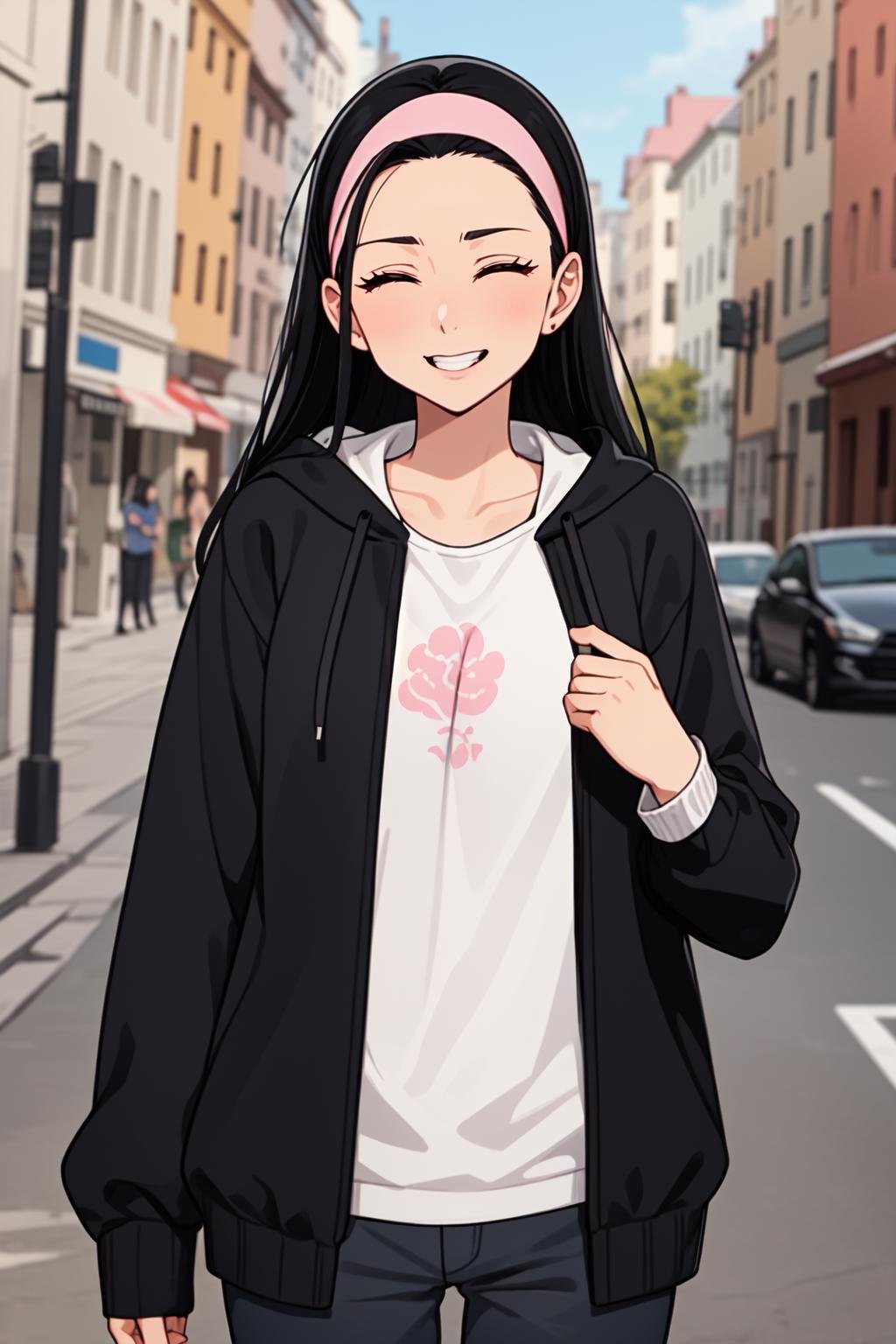 (masterpiece, best quality,ultra detailed),mature,Guila,shinny skin,single bangs,black hair,(sexy,smirk,hoodie,upper body),closed eyes,outdoors,streets,city,standing,1girl,pink headband,long hair,slim,<lora:Guila-000003:0.5>