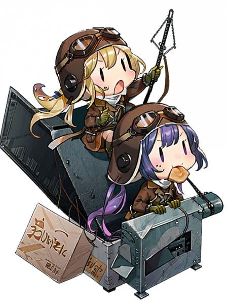 fairy \(kancolle\), multiple girls, 2girls, blonde hair, gloves, goggles, purple hair, white background, helmet, chibi, skirt, long hair, food, simple background, eating, solid oval eyes, pointing, ponytail, twintails, open mouth, boots, goggles on headwear, mouth hold, sitting, military, ribbon, uniform, goggles on head, bread, original, intricate detail, illustration, masterpiece, extremely detailed CG unity 8k wallpaper, highlight, sharpening, dynamic, <lora:Fairy-3:1>