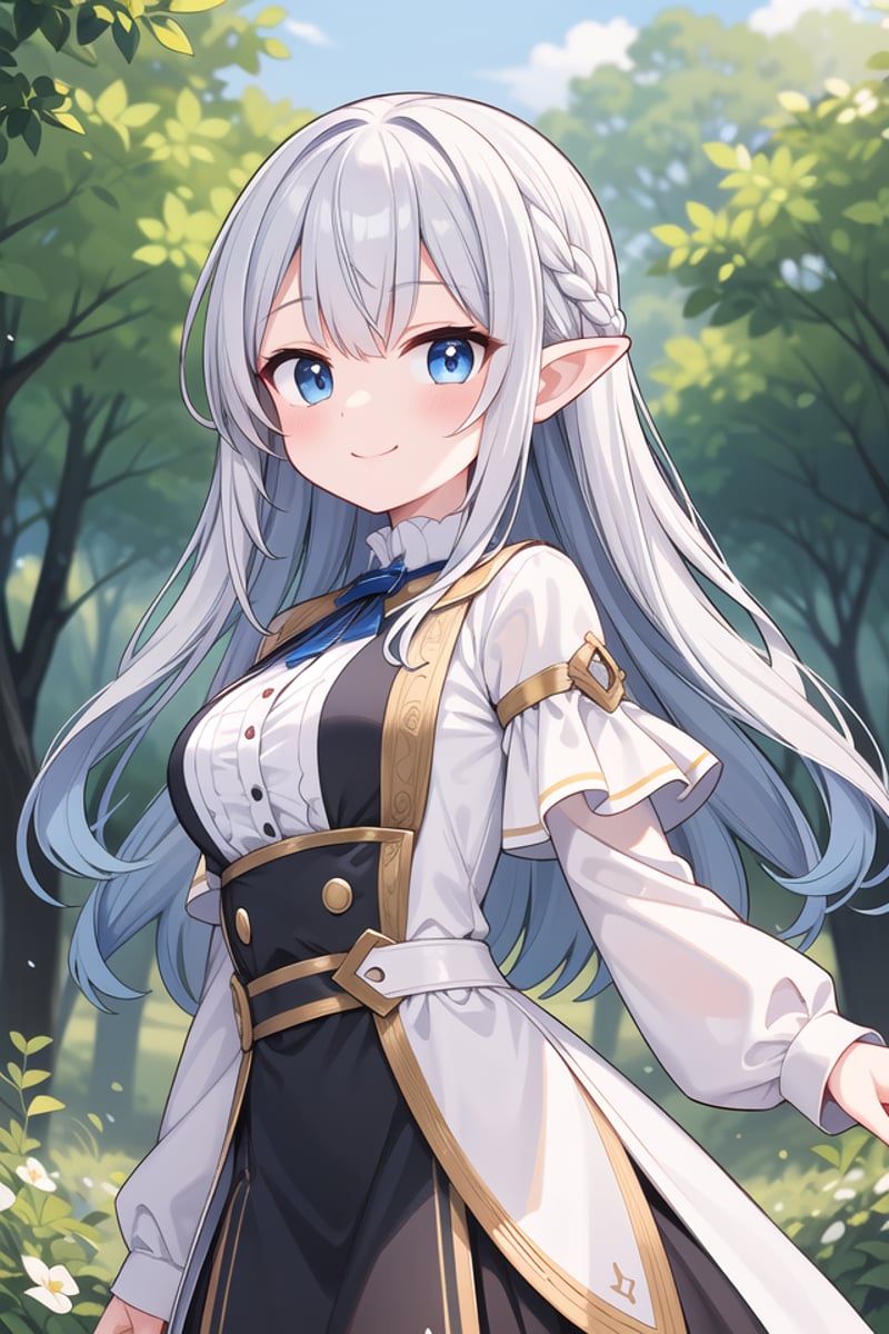 insanely detailed, absurdres, ultra-highres, ultra-detailed, best quality,1girl, solo, nice hands, perfect handsBREAKelf girl, (wearing sorcerer outfit:1.2), (nsfw:-1.5), (navel:-1)BREAKhappy smile, laugh, closed mouthBREAKfrom below,standing, cowboy shot, looking at viewerBREAKslender, kawaii, perfect symmetrical face, ultra cute girl, ultra cute face, ultra detailed eyes, ultra detailed hair, ultra cute, ultra beautifulBREAKfantasy world, in forest, river, depth of field, ultra detailed backgroundBREAKmedium breasts,BREAKsilver hair, long hair, elf ear, blue eyes