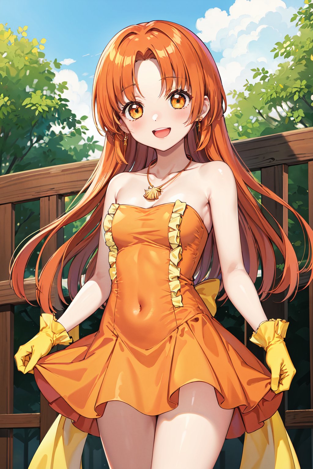 masterpiece, best quality, highres, 1girl, solo, long hair, orange hair, parted bangs, brown eyes, necklace, bare shoulders, frills, orange dress, strapless dress, yellow gloves, <lora:seira_v1:0.7>, standing, cowboy shot, outdoors, smile