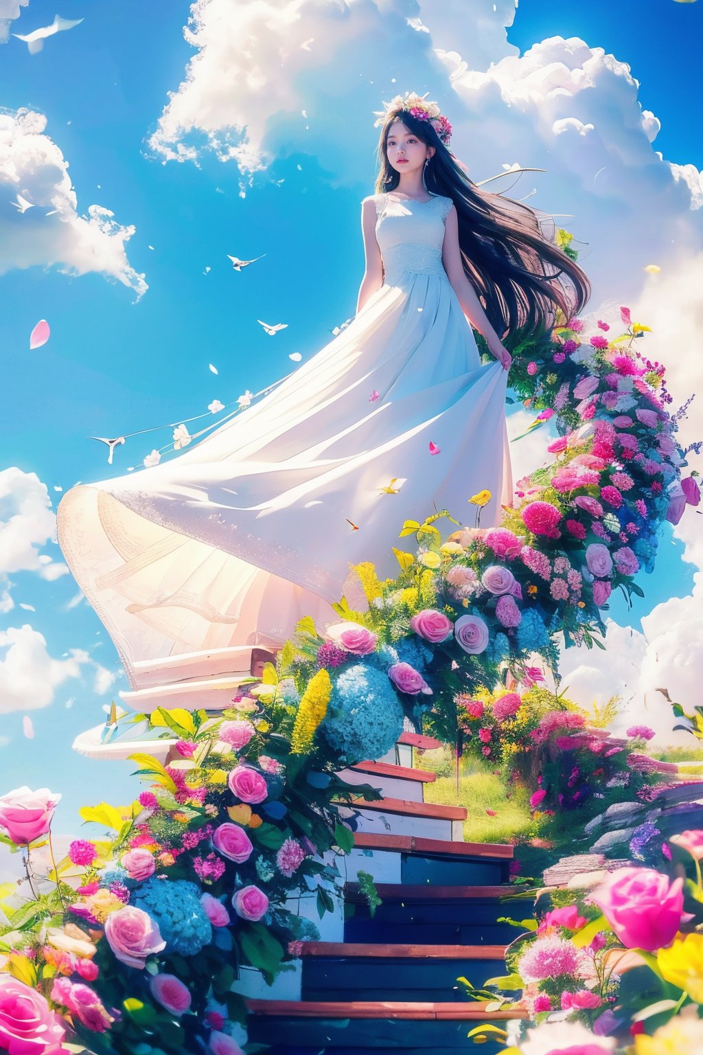 1girl,<lora:HUATI_20240329202602-000006>,Stairs in the air,flower,white wedding,solo,sky,long hair,white dress,black hair,cloud,bird,blue sky,hair ornament,outdoors,day,pink flower,sleeveless,standing,sleeveless dress,hair flower,wide-angle lens,