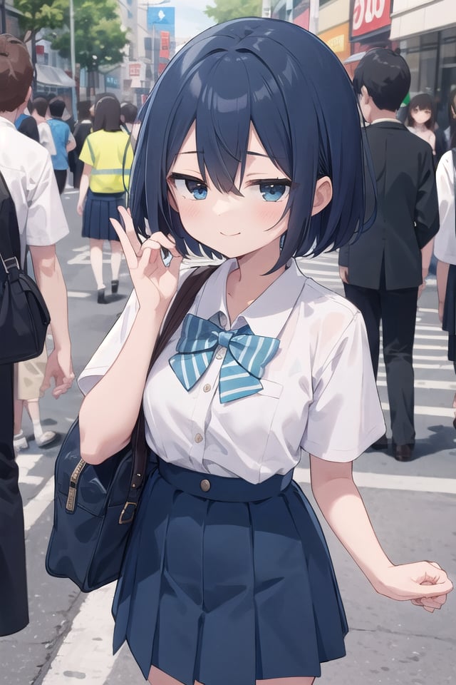 <lora:hotarueye_jitome18_v100:1>insanely detailed, absurdres, ultra-highres, ultra-detailed, best quality,1girl, solo, nice hands, perfect hands,BREAKsummer school uniform with indigo blue bowtie, (short sleeves, dark blue skirt, pleated skirt:1.3), (indigo blue:1.3) bowtie, (white shirt:1.3), shirt with white button, (skirt with many pleats:1.4), plain shirt, plain skirt, (striped bowtie:1.3), shirt_tucked_inBREAKhappy smile, laugh, closed mouth, standing,seductive pose, cowboy shot,BREAKslender, kawaii, perfect symmetrical face, ultra cute girl, ultra cute face, ultra detailed eyes, ultra detailed hair, ultra cute, ultra beautiful,BREAKin harajuku, shibuya, tokyo, street, crowd, cityscape,BREAKmedium breasts,(turquoise blue medium hair, black eyes), hair between eyes