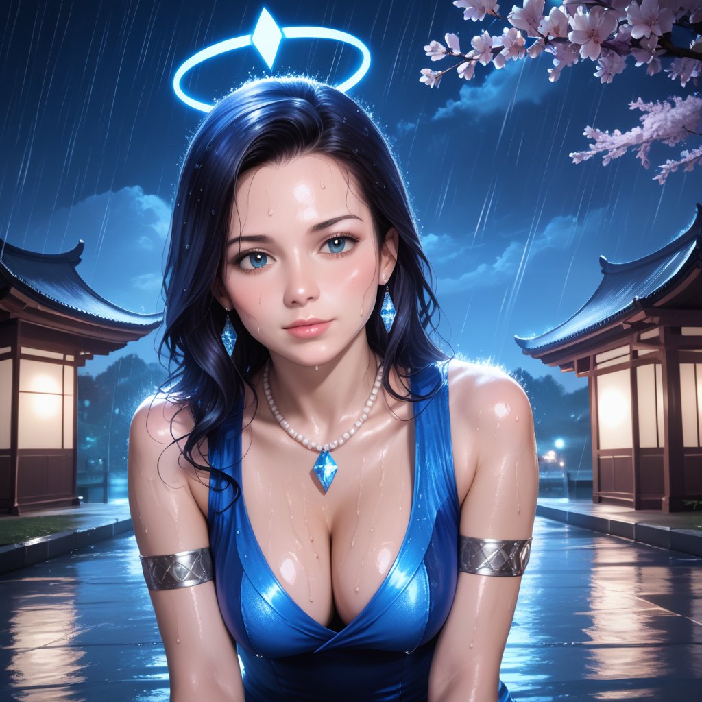 (,1girl, ,best quality, ),, ,ultra detailed 8k cg,            cinematic lighting, cinematic bloom, (( , )),,  , unreal, science fiction,  luxury, jewelry, diamond, pearl, gem, sapphire, ruby, emerald, intricate detail, delicate pattern, charming, alluring, seductive, erotic, enchanting, hair ornament, necklace, earrings, bracelet, armlet,halo,masterpiece, (( , )),,  ,cherry blossoms,(((, night,night sky,lamppost,  ultra high res, (photorealistic:1.4), raw photo, 1girl, , rain, sweat, ,wet, )))(( , ))   (cleavage),,  (sit), ,