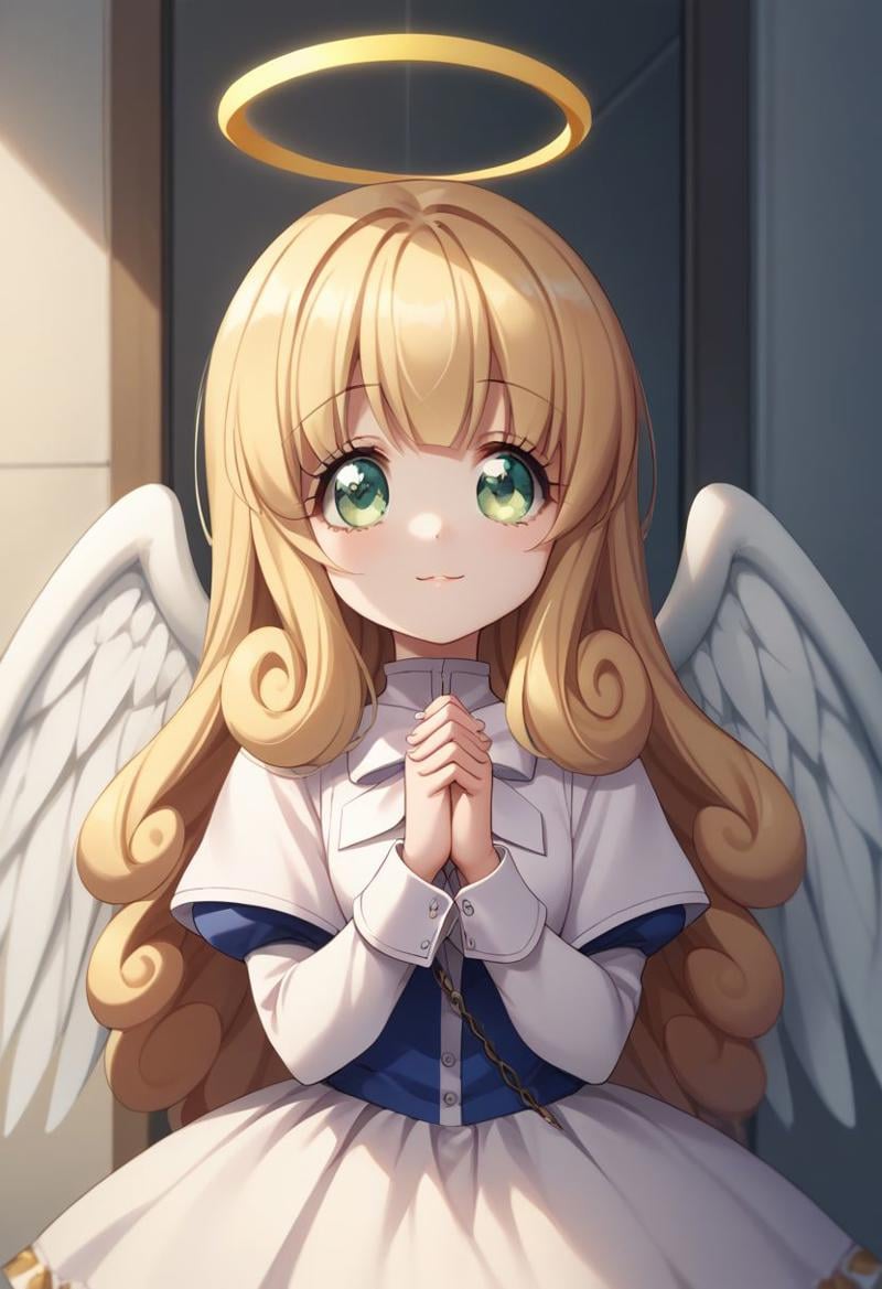 score_9, score_8_up, score_7_up, source_anime, highly detailed, 1girl, solo, cute,poporon, 1girl, blonde hair, solo, halo, angel, wings, green eyes, long hair, angel wings,own hands clasped, upper body, own hands together, dress,