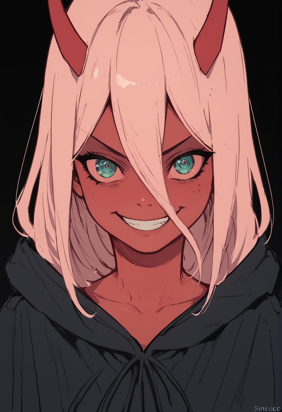 (score_9, score_8_up), score_7_up, zPDXL, Zero Two, 1girl, masterpiece, best quality, long hair, (red skin), red horns, pink hair, green eyes, colored sclera, upper body, black robe, dark background, looking at viewer, smile, v-shaped eyebrows, <lora:Zero_Two_Oni_XL_Pony_Edition:1> <lora:Sinozick_Style_XL_Pony:1>, sinozick style, flat color