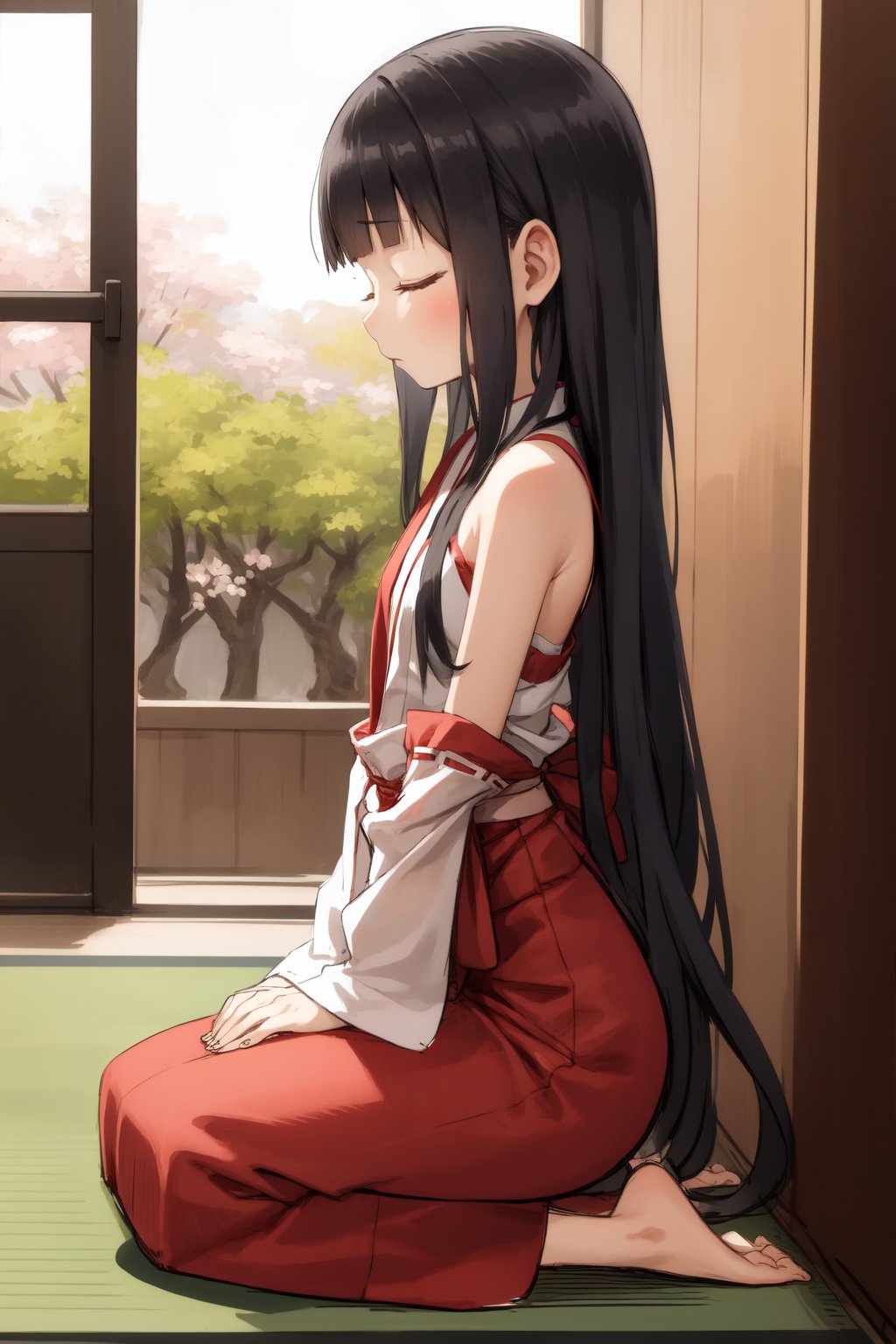 (sketch:1.25),1girl, blunt bangs, forehead, extremely long hair, shiny black hair, closed eyes, flat chestBREAK (praying:1.2), miko, red skirt, japanese clothes, tabiBREAK on floor, (seiza), from side, full body, wide shotBREAK detailed background, (outside:1.2), shrine, (cherry blossoms:1.1)