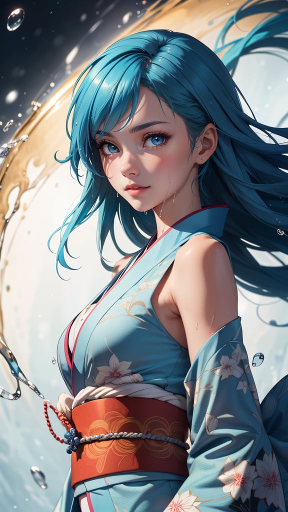 (best quality, masterpiece, colorful, highest detailed) upper body photo, fashion photography of cute (young cute french girl), floating blue hair, long hair, (water:0.7), waterdrop, wet, high detailed blue kimono texture, intricate pattern, ultra detailed, (textured clothing), (ultra-detailed body), (light smile:0.3), softlight passing through hair, (monochromatic bokeh background), (dynamic angle), (intricate details), (dynamic angle)