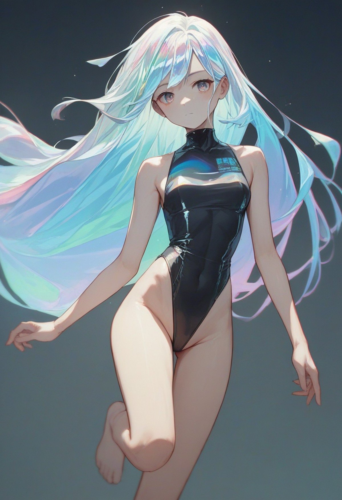 score_9, score_8_up, score_7_up, score_6_up, source_anime, <lora:holographic_v0.2-pony:1>1girl, long hair, holographic hair,black leotard, highleg leotard, floating hair, 