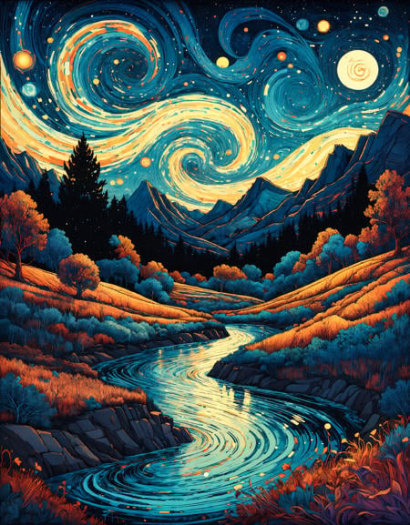 Art by James R. Eads, Swirling and flowing lines define the vivid landscapes and sky, drawing inspiration from Van Gogh's Starry Night. each piece appears as a vision or a dream with psychedelic colors and a sense of movement that suggests a connection to the spiritual or metaphysical world. the style is heavily influenced by the natural world and uses bright and contrasting colors to add depth and emotion. by Satori Canton