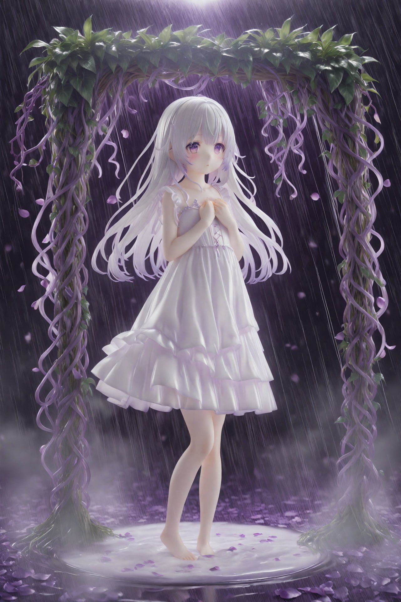 masterpiece,Realism,best quality,PVC Style:2,loli,white background,Dundar effect,a lot of purple vines,vines covering half of the painting,delicate plant details,a girl,girl,petite girl,long white hair,golden pupils,white dress,bare feet,side,side,upper body,head up,sad eyes,rain,light,figure light,petals,purple filter,left,fog,dream,unreal,Blur,float light,,  <lora:HANS-PVC22-000021:1>