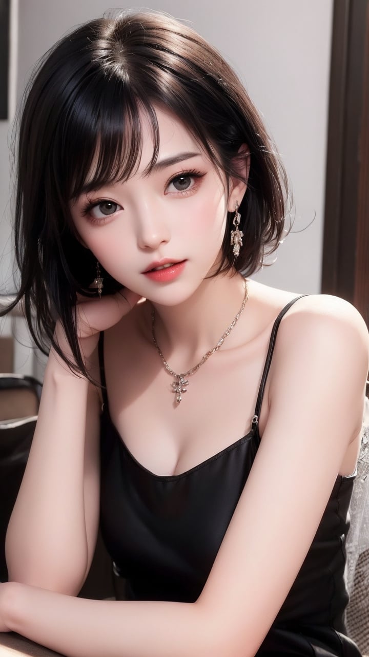 1girl,jewelry,earrings,solo,dress,black hair,black dress,looking at viewer,necklace,night,black eyes,short hair,collarbone,sleeveless dress,realistic,spaghetti strap,