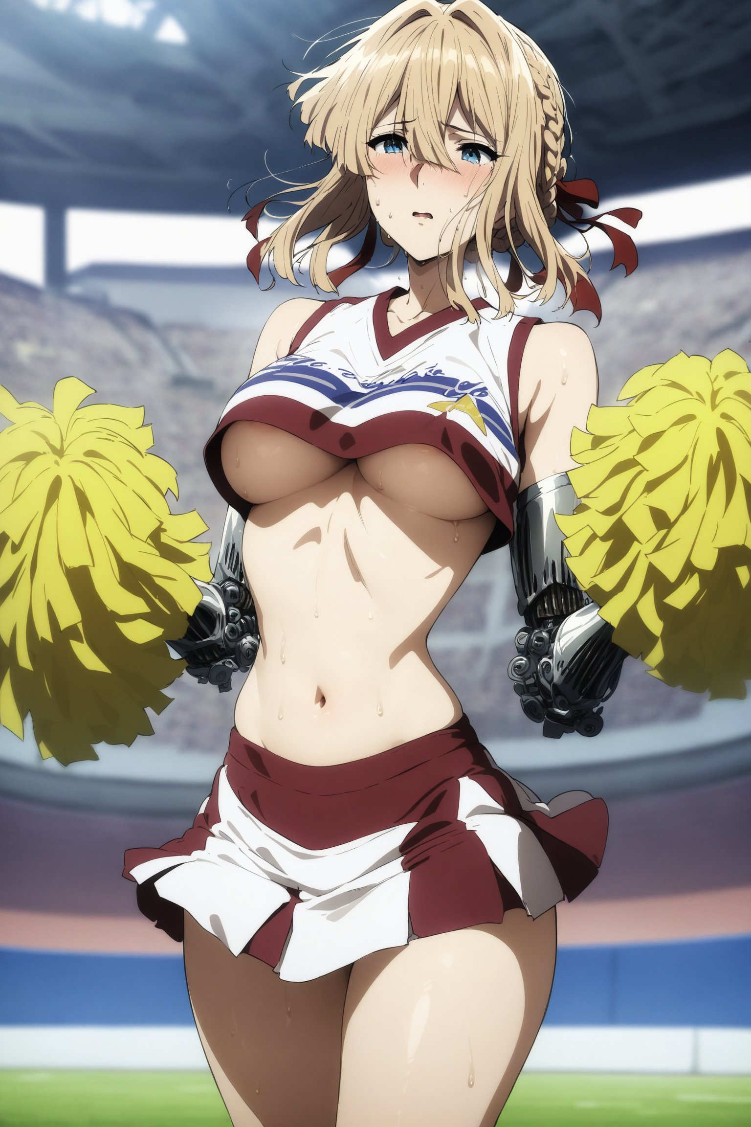 masterpiece, best quality, very aesthetic, absurdres, aave, braid, hair ribbon, red ribbon, <lora:violet_evergarden_XL_v1(anima):0.9>, cheerleader, pom pom \(cheerleading\), sleeveless, underboob, miniskirt, midriff, sweat, mechanical arms,