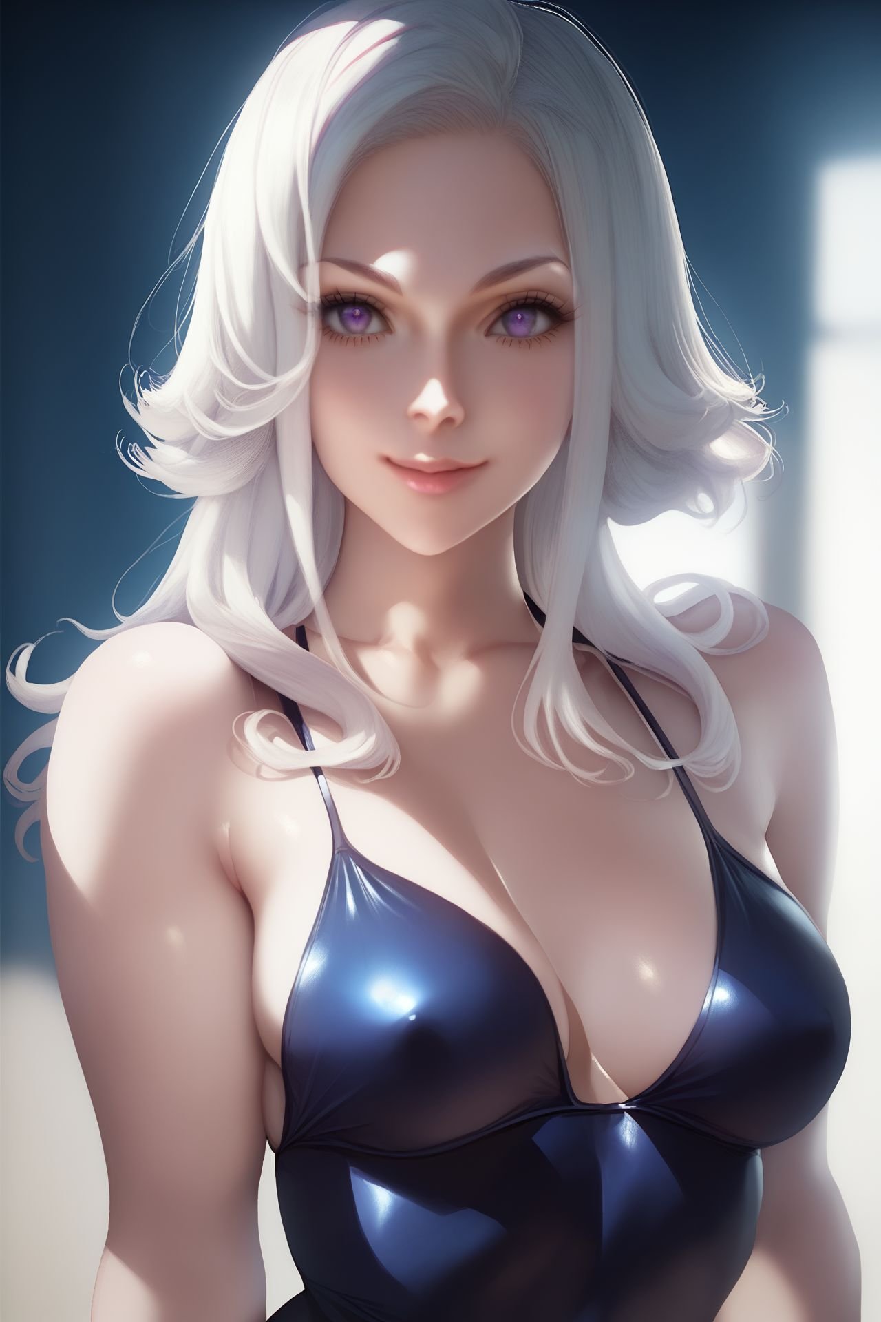 score_9, score_8_up, score_7_up, 1girl, smile, looking at viewer, white hair, widow's_peak, light_purple eyes, medium breasts, covered nipples, <lora:Sakimichan_PonyXL_style_v01.10.02.05:1>