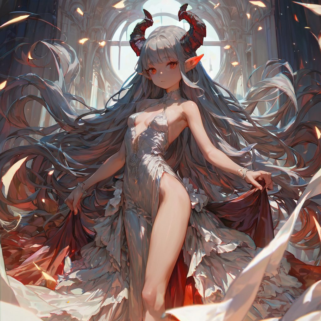 source_anime,score_9,score_8_up,highres,1girl,evening_gown,petite,grey hair,very long hair,horns,pointy_ears,small_breasts,detailed,detailed body,detailed face,