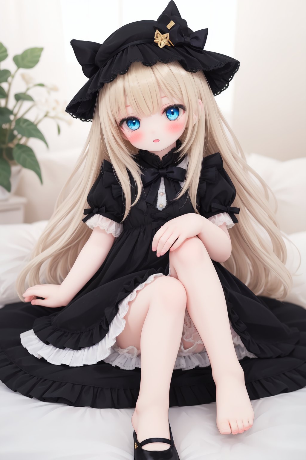 1girl,abigail_williams_\(fate\),bangs,barefoot,black_bow,black_dress,black_footwear,black_headwear,blonde_hair,bloomers,blue_eyes,blush,bow,bug,butterfly,dress,forehead,hair_bow,hat,long_hair,<lora:doll-v1:0.5>,