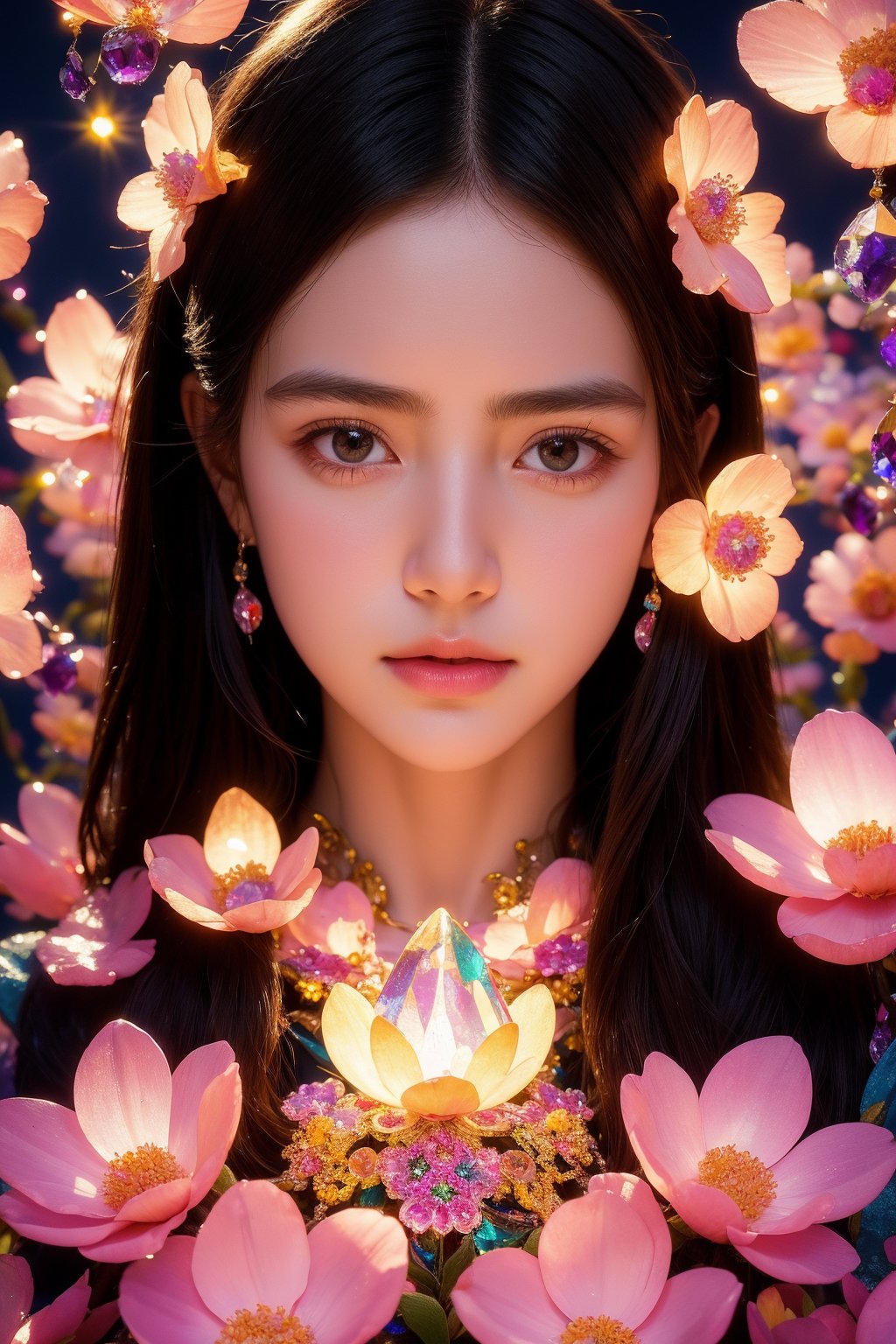 1girl, black background, black eyes, closed mouth, grey eyes, lips, long hair, long sleeves, looking at viewer, flower, extremely high quality high detail RAW color photo, crystal flower, intricate crystal patterns, translucent petals, prismatic light refraction, sharp, precise edges, detailed textures, luminous glow, 