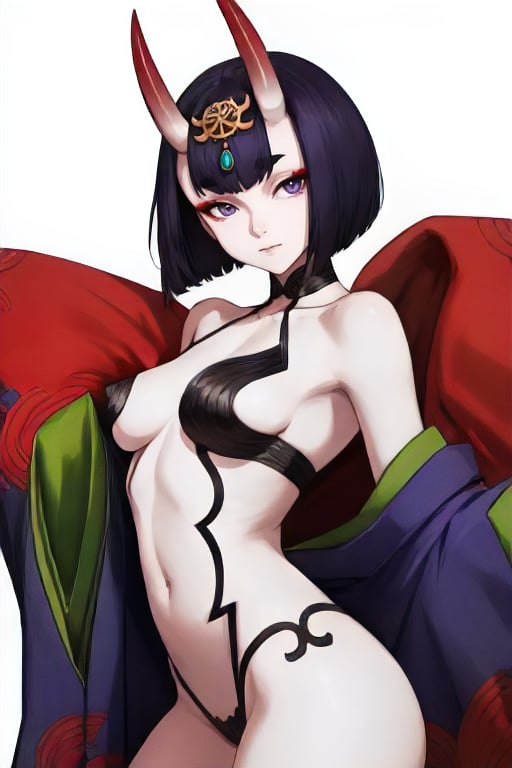 <lora:FGO_ShutenDoji-DEF:0.7> shuten, solo, oni horns, colored skin, off shoulder kimono, jewelry, cowboy shot, white background, perfect, sharp, masterpiece, detailed, high resolution, best quality,