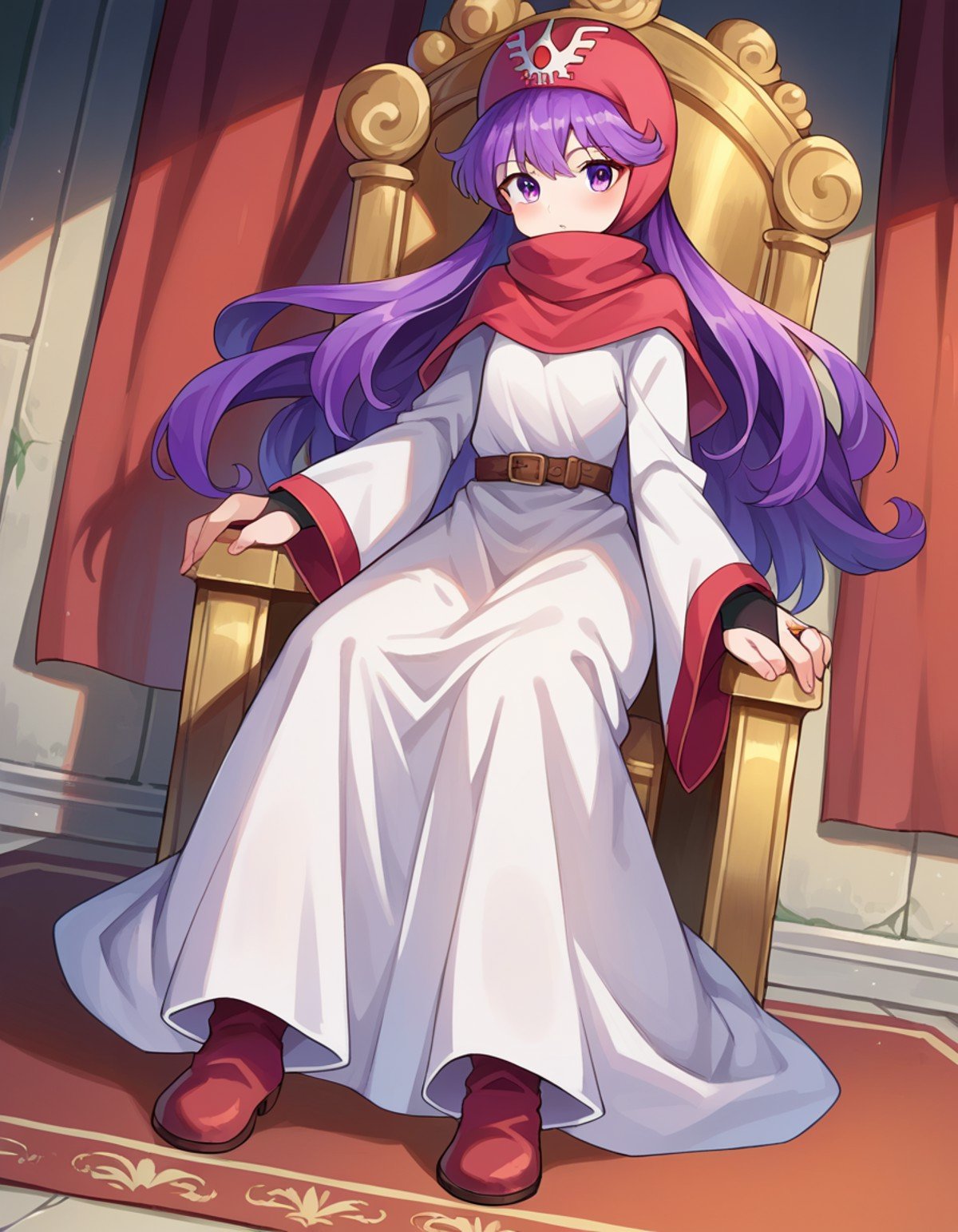 score_9, score_8_up, score_7_up, source_anime,princessofmoonbrook, <lora:princess-of-moon-brook-ponyxl-lora-nochekaiser:1>,princess of moonbrook, purple eyes, purple hair, long hair,boots, bridal gauntlets, dress, hood, hood up, long sleeves, red footwear, white dress, wide sleeves,indoors, throne room,looking at viewer, dutch angle, cowboy shot,