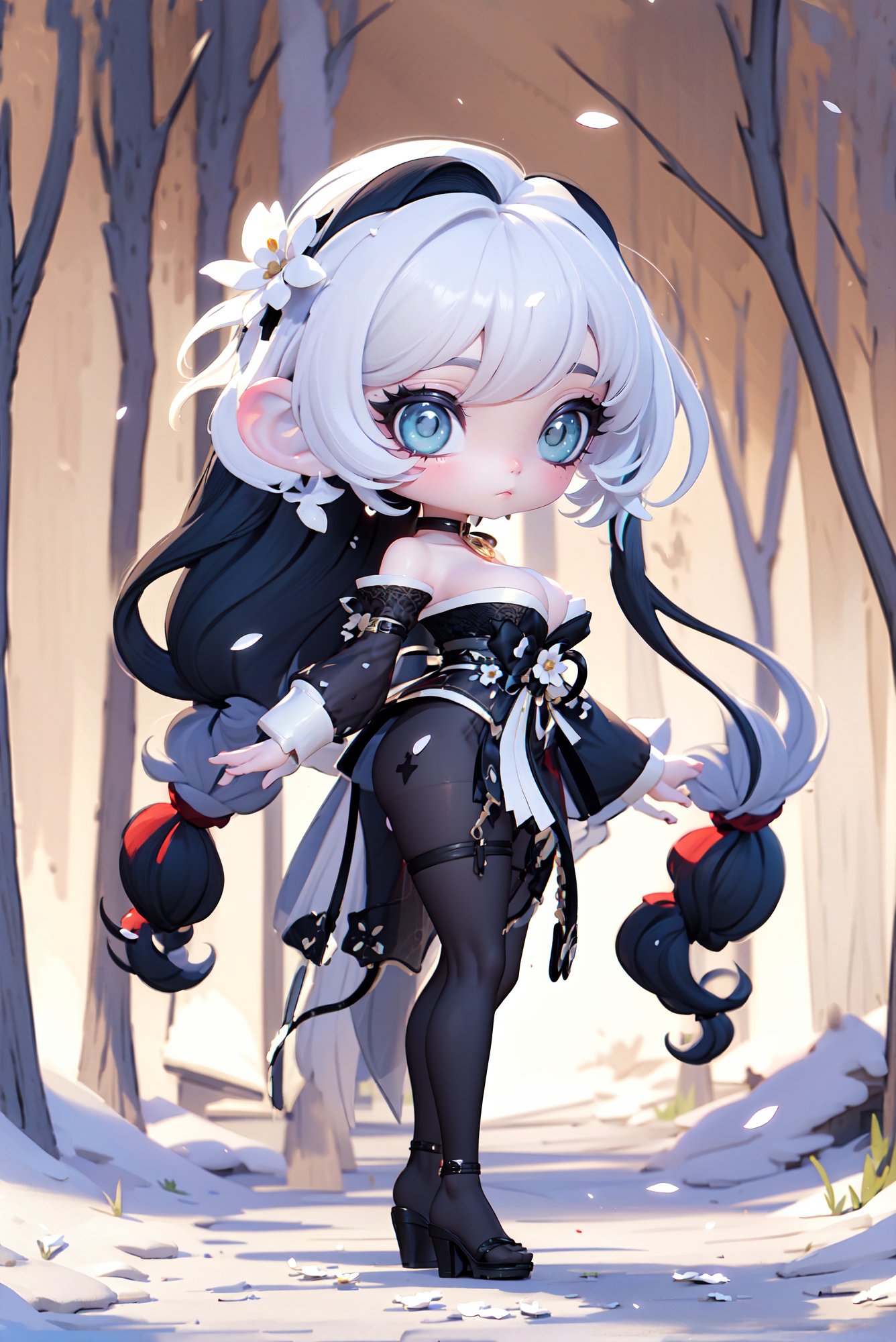 Stunning girl wearing LAassunity, (1girl:1.3), (black pantyhose:1.3), hair moved by wind, (black hair, hair over shoulder), beautiful blue eyes, (long hair:1.3),  <lora:LAassunity:0.9> , <lora:LX:1>, (chibi:1.4), ornaments_earrings, (large_breasts:1.2), ((walking, mid step,  white flowers, in a white forest,):1.3), happy, BREAK, forest, ((white trees, white flower petals, white falling petals):1.3),(masterpiece), perfect anatomy, intricate, (highly detailed), photorealistic, perfect anatomy, cinematic lighting, shading, best quality, ultra-detailed, (illustration), looking at viewer,  (extremely detailed dress design), fantasy theme, stunning details, (bright theme:1.3), 