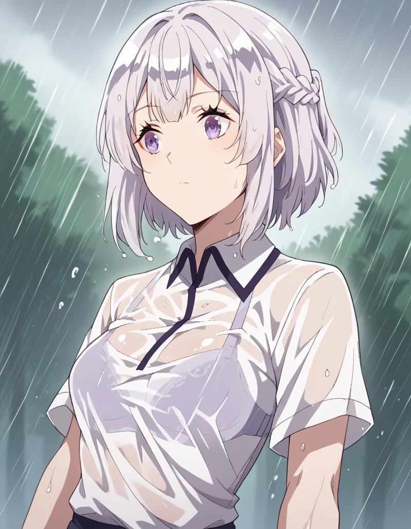 score_9, score_8_up, score_7_up, source_anime, <lora:farming-isekai-hakuren-s1-ponyxl-lora-nochekaiser:1>, hakuren, short hair, purple eyes, braid, grey hair,, <lora:bra-visible-through-clothes-ponyxl-lora-nochekaiser:1>, bra visible through clothes, wet shirt, wet clothes, see-through, see-through shirt, bra, bralines, wet, white shirt, bra peek, wet skirt,, outdoors, rain, cloudy, , cowboy shot, dutch angle