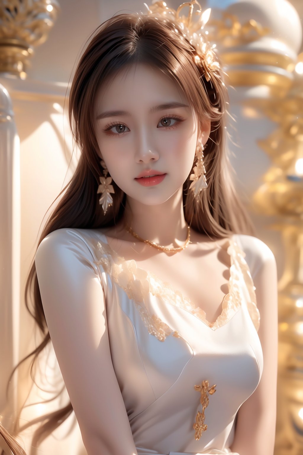 1girl, solo, long hair, looking at viewer, bangs, brown hair, hair ornament, dress, brown eyes, jewelry, standing, earrings, parted lips, teeth, necklace, hair bun, white dress, lips, eyelashes, nude:2,no_clothes:2<lora:EMS-179-EMS:0.700000>, <lora:EMS-1093-EMS:0.700000>, <lora:EMS-348591-EMS:0.900000>