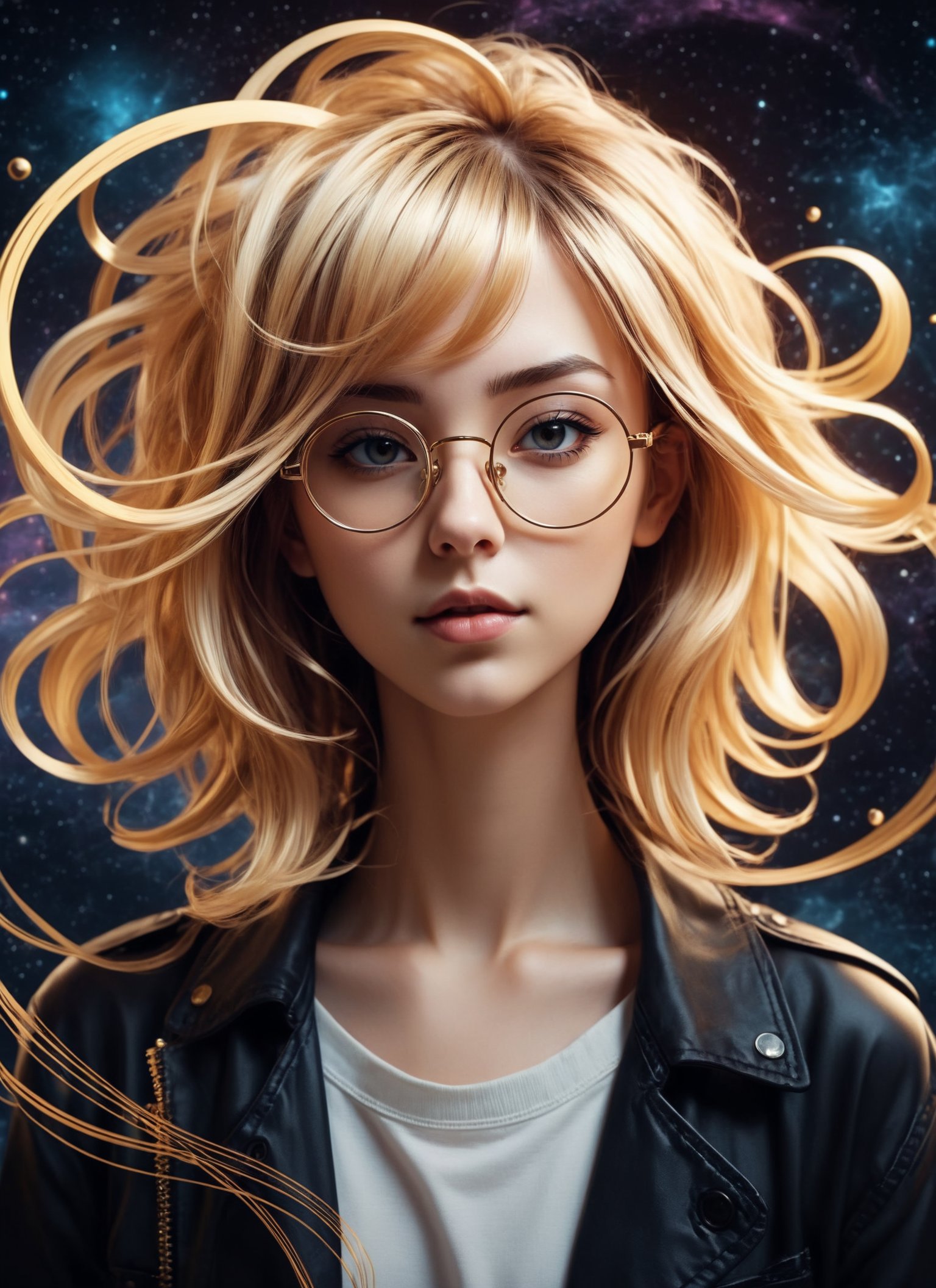 Medium format photography, (Anime girl with cosmic swirls backdrop:1.3), Golden ratio composition, Stylish glasses, Flowing hair strands, (Modern punk elements:1.2), Dark animated backdrop, Full HD vector quality, Conviction illustrated, Character's mood shining