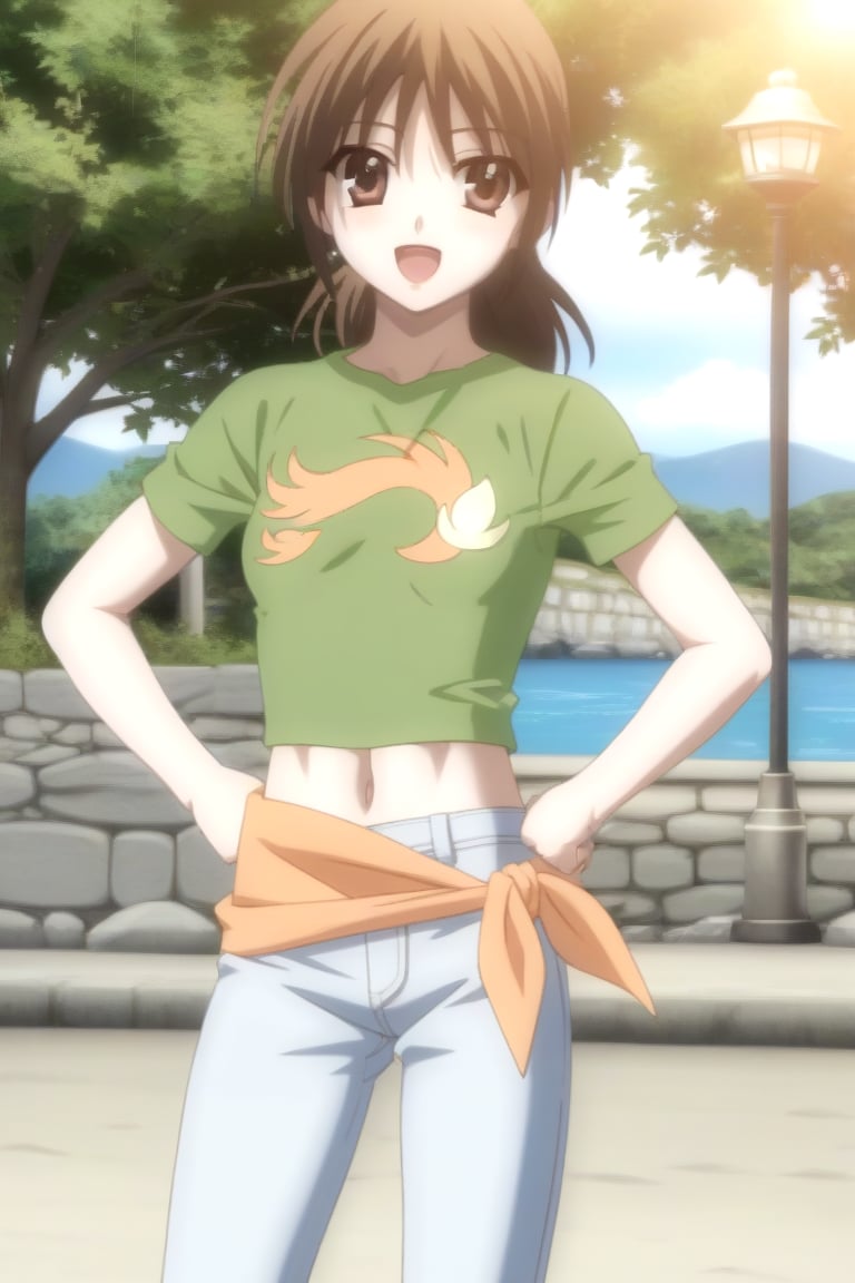 Highly detailed, High Quality, masterpiece, beautiful, source_anime, 1girl, solo, (feminine focus, young woman, 16 years old), Otome Katou, brown hair, brown eyes, medium hair, ponytail, tiny_breasts, green shirt, navel, midriff, jeans, sea lighthouse, stones near the coast, looking_at_viewer, standing, hands on waist, happy, open_mouth, Focus breasts<lora:EMS-453333-EMS:1.000000>