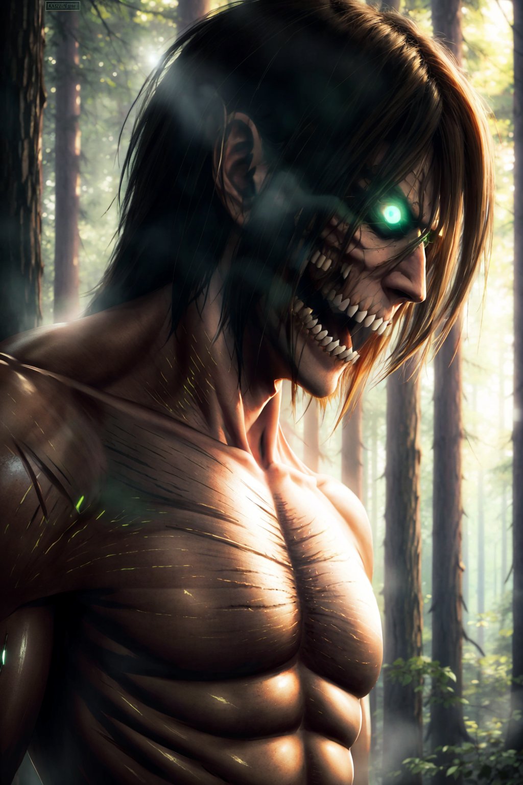 <lora:Attack_Titan-10:0.95>Attack_titan, half body, sunlight, forest, head focus, sharp teeth